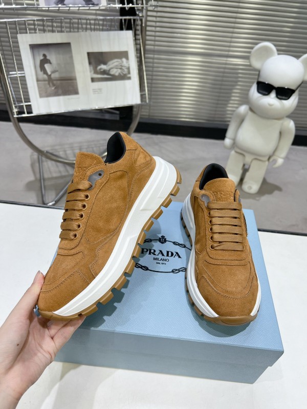2025 Unisex Prada Brown Suede Leather Sneakers KFY00310