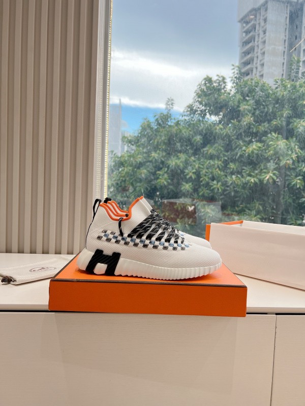 2024 Unisex Hermès White Black Orange Calf Suede Sneakers MJ00290