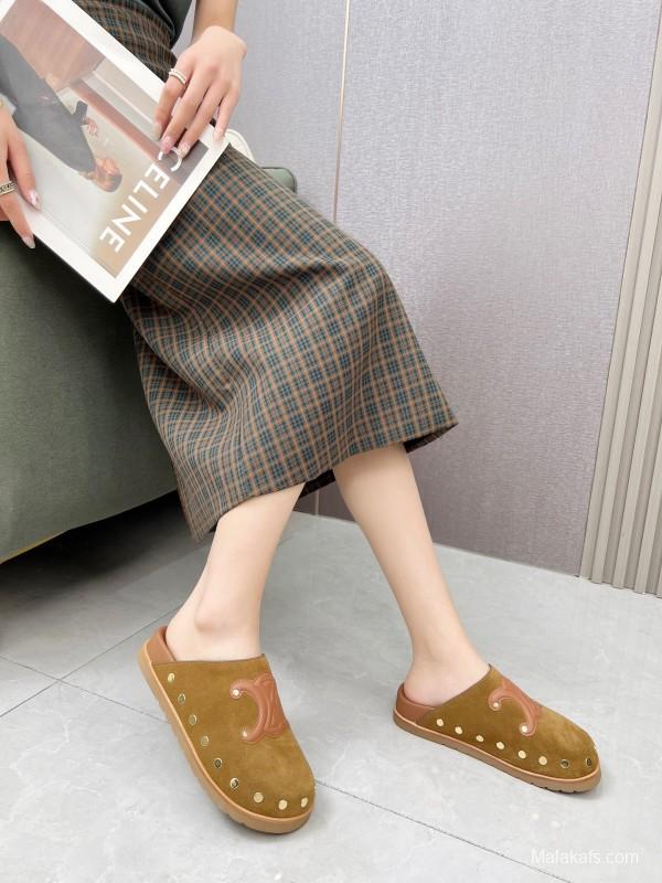2025 Slippers Celine Brown Pink Suede Leather Studded LY00240