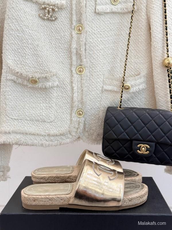 2025 Women Chanel Gold Leather Slippers