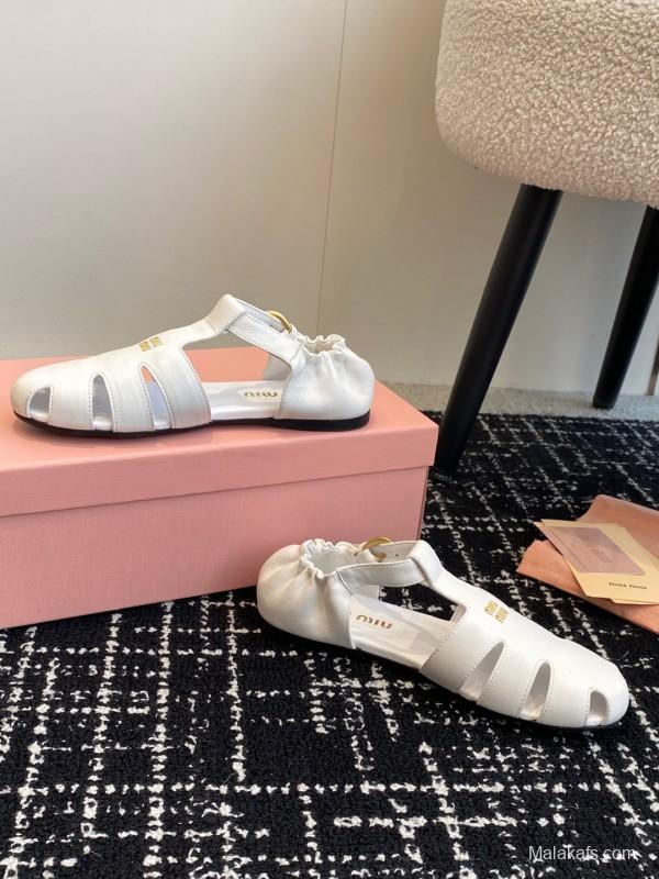 2025 Women Miu Miu White Calf Leather Flat Sandals