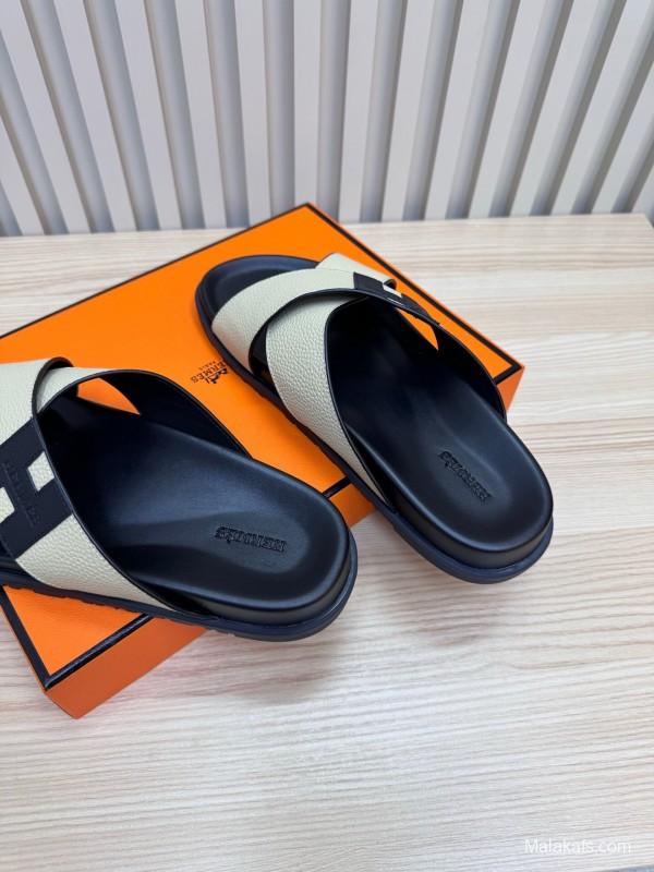 2025 Slippers Hermès Black Ivory Leather Cross Strap