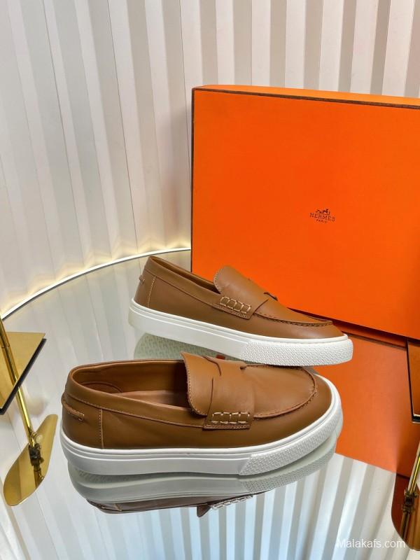 2025 Unisex Hermès Brown Leather Fabric Loafers Slip-On LY00310(F)/LY00320(M)
