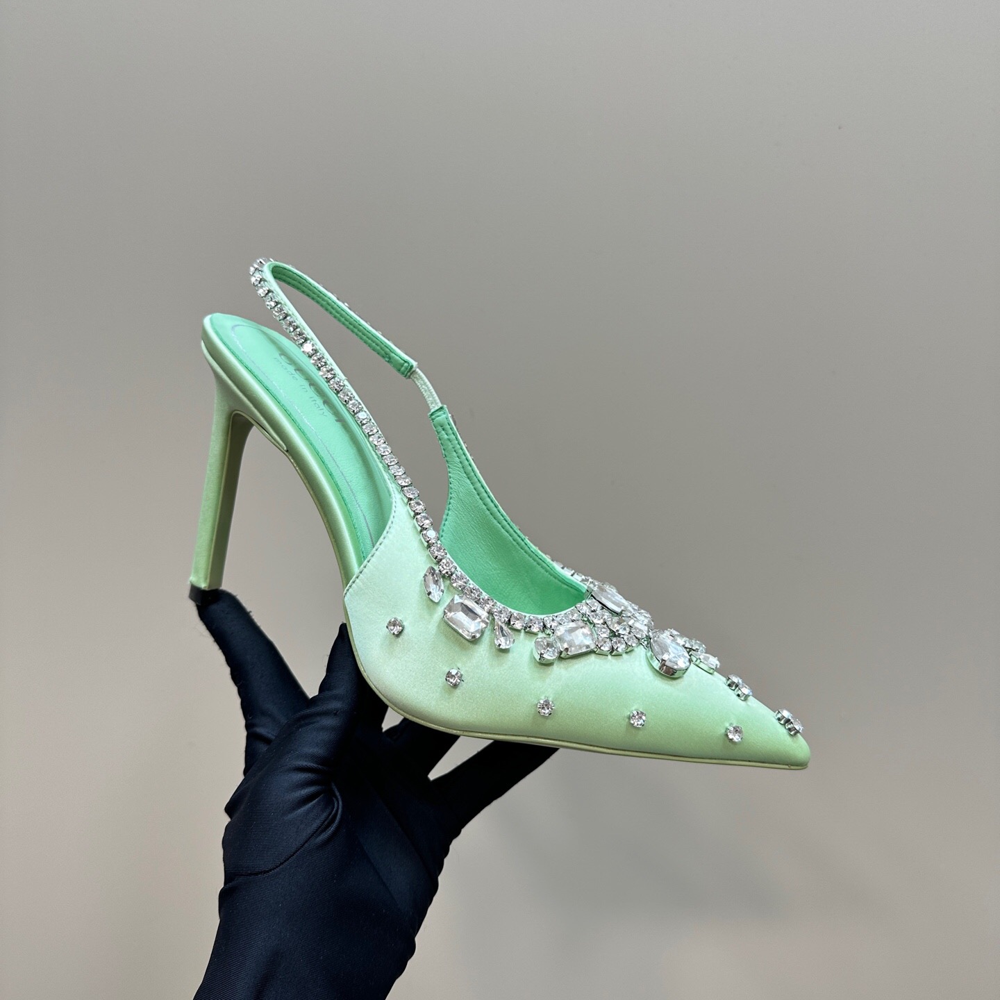 2025 Women Gucci Green Satin Slingback High Heel Crystal Embellished KFY00340