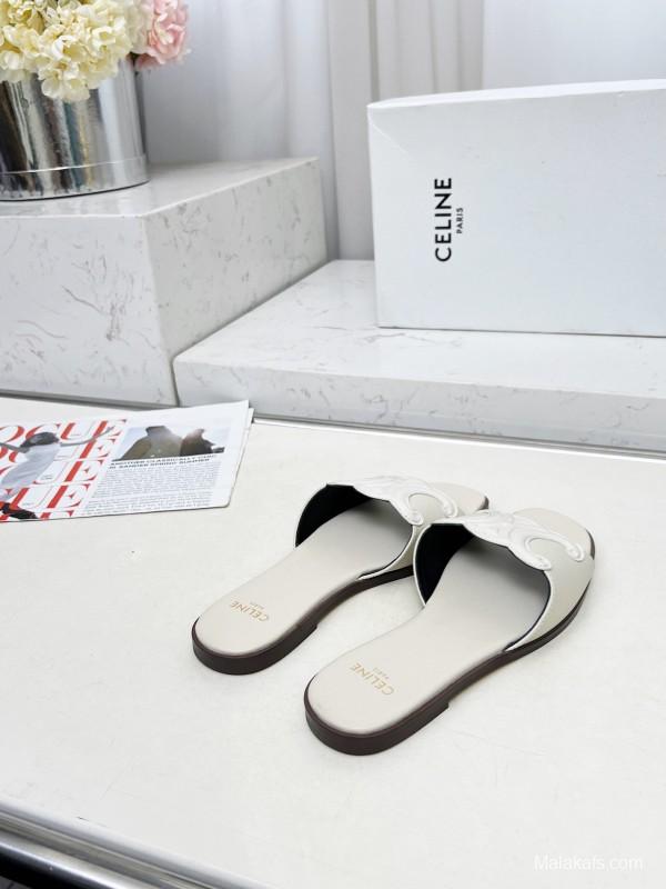 2025 Women Celine White Leather Slippers