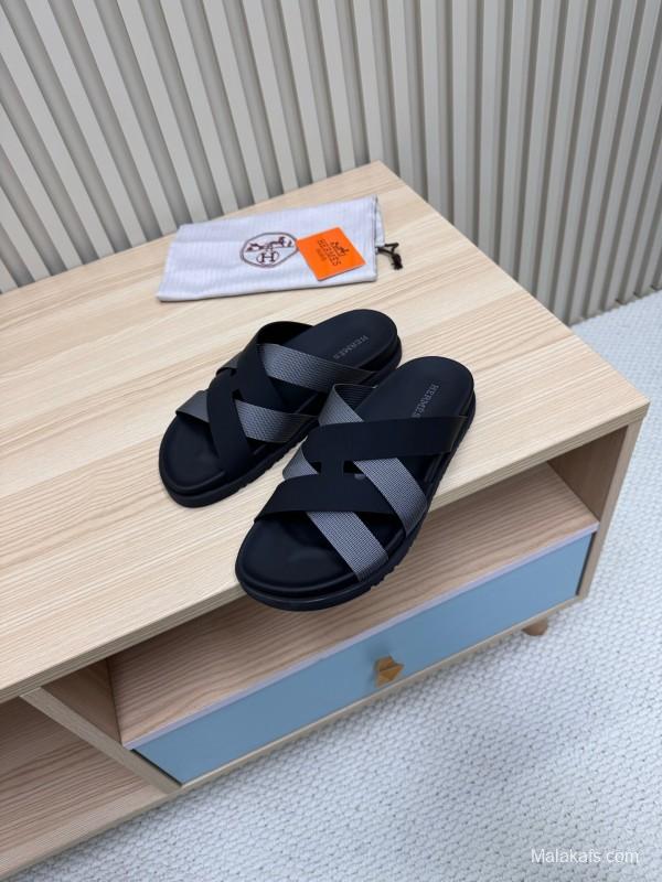 2025 Unisex Hermès Black Grey Leather Slippers