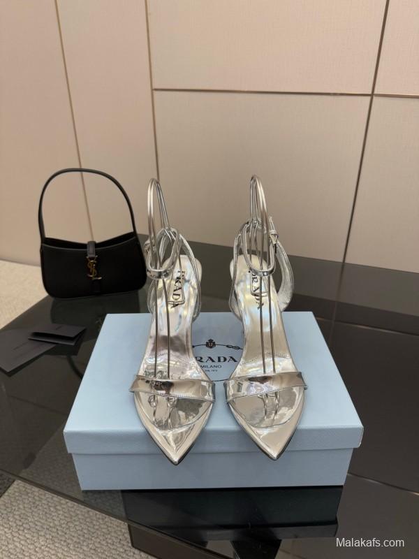2025 Women Yves Saint Laurent Silver Leather Stiletto Sandals