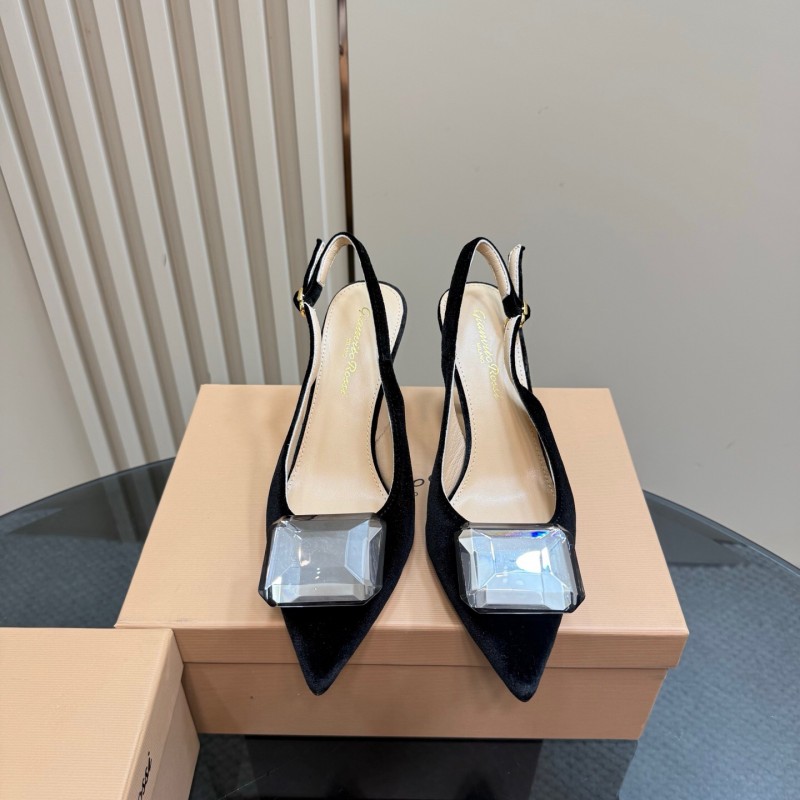 2025 Women Gianvito Rossi Black Velvet Slingback Heels Gemstone Decoration KFY00300