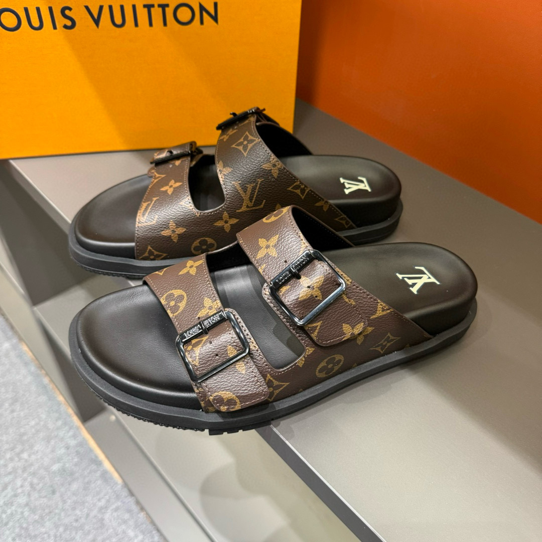 2024 Men Louis Vuitton Brown Leather Slippers MJ00210