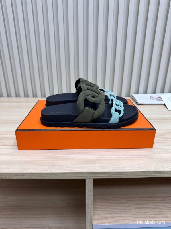 2025 Women Hermès Black Light Blue Leather Slippers