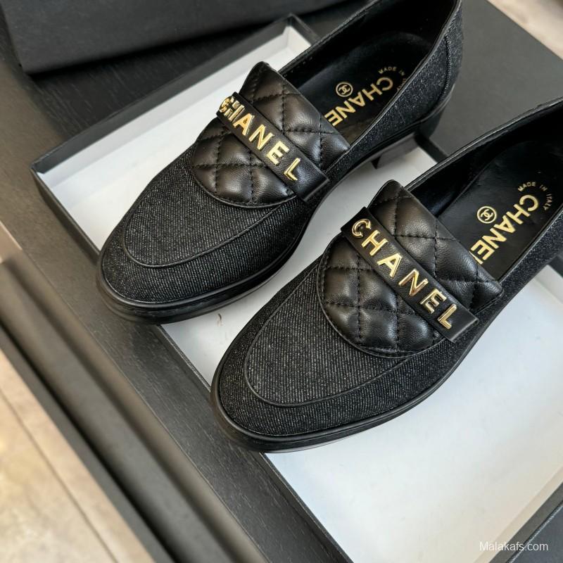 2025 Women Chanel Black Leather Canvas Loafers KFY00310