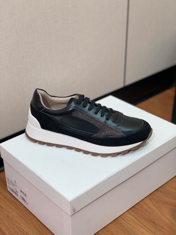 2025 Unisex Brunello Cucinelli Black Brown Leather Suede Sneakers LY