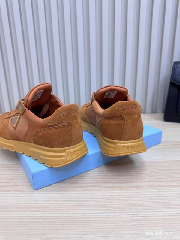 2025 Women Prada Brown Suede Nylon Sneakers LY00300