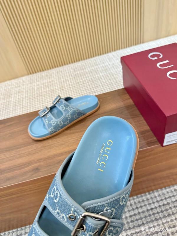 2025 Women Gucci Light Blue Canvas Leather Sandals