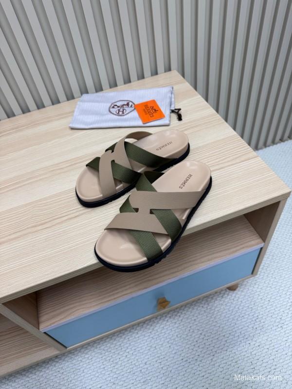 2025 Slippers Hermès Beige Green Rubber Slippers