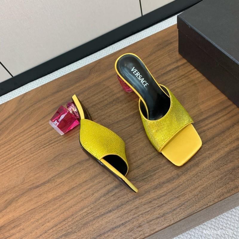 2025 Women VERSACE Yellow Leather Slippers