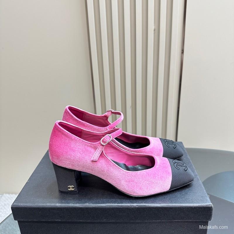 2025 Women Chanel Pink Black Velvet Mary Jane Shoes