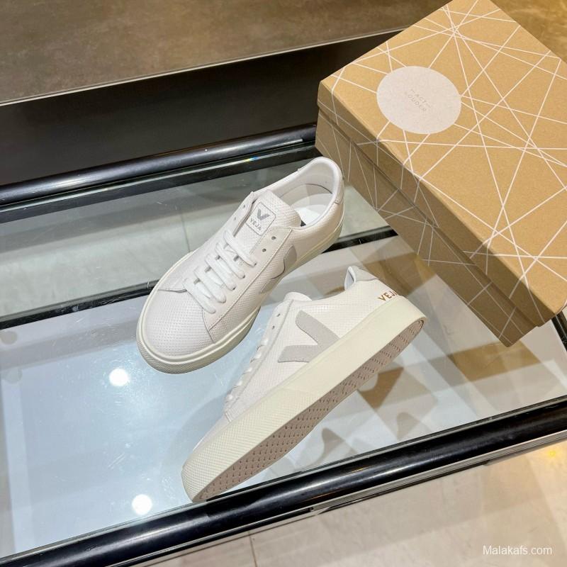 2025 Unisex VEJA White Grey Leather Canvas Rubber Sole Sneakers
