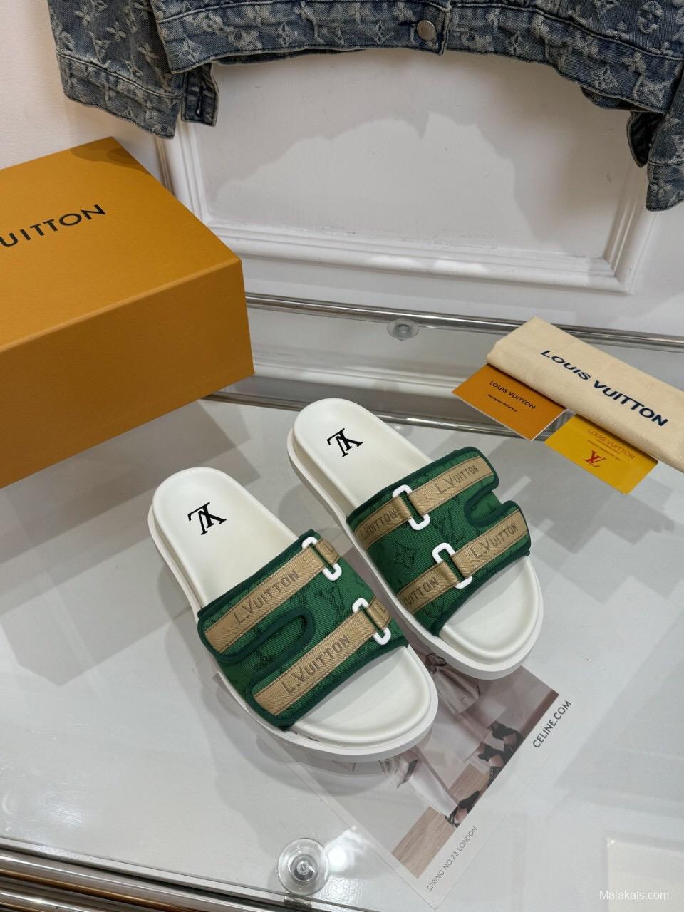 2025 Slippers Louis Vuitton Green White Canvas Slippers LY