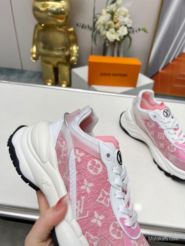 2025 Women Louis Vuitton Pink White Canvas Leather Sneakers