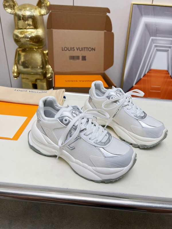 2025 Women Louis Vuitton White Grey Mesh Leather Sneakers LY00340
