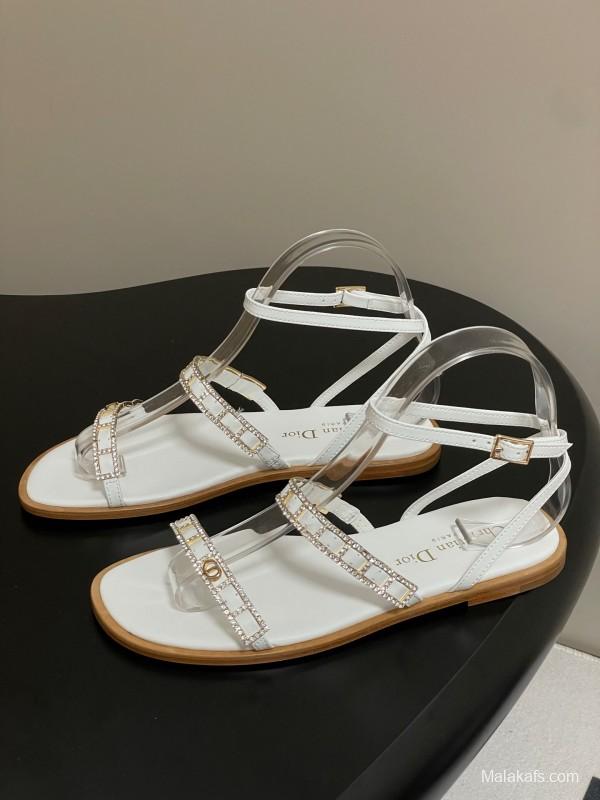 2025 Women Dior White Leather Flat Sandals Crystal Embellishment