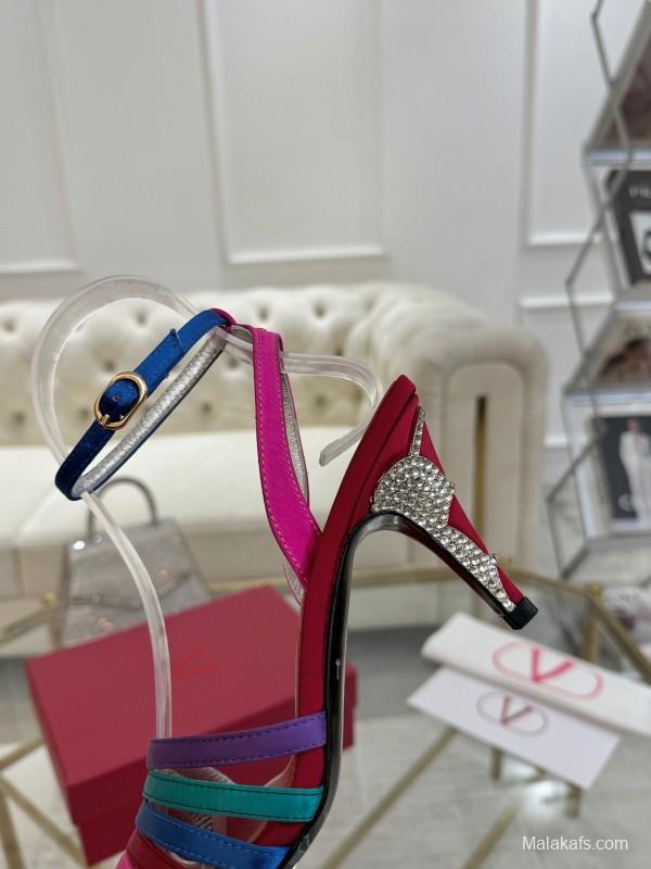2025 Women Valentino Red Blue Green Pink Leather Suede High Heel Sandals LY00310
