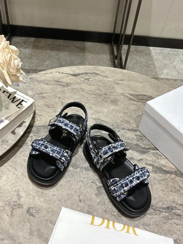 2025 Women Dior Black Blue White Fabric Leather Sandals KFY00300
