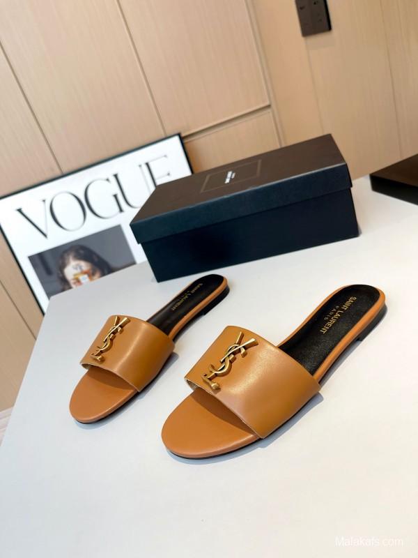 2025 Women Yves Saint Laurent Light Brown Leather Slippers LY00180