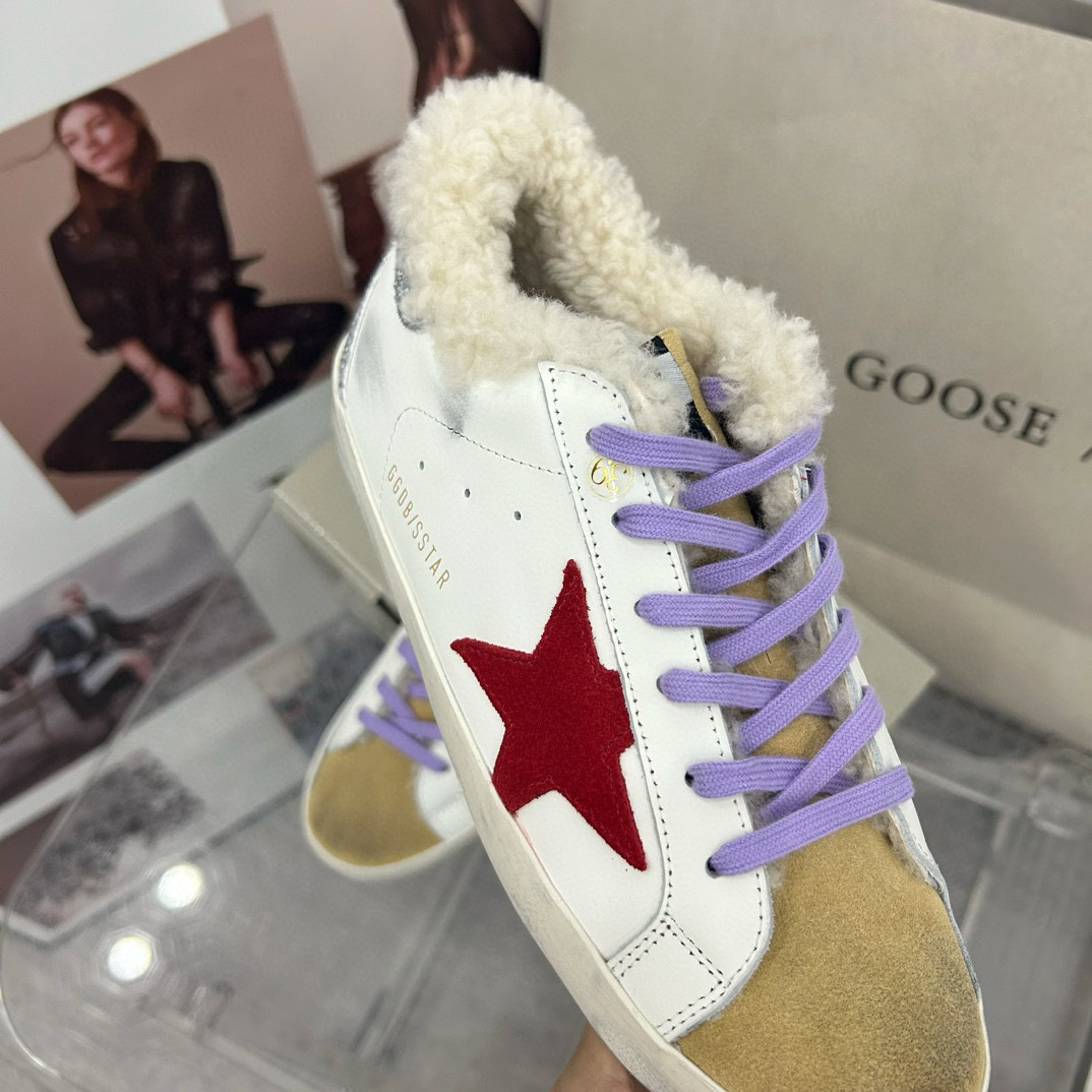 2025 Women GGDB White Red Shearling Leather Sneakers