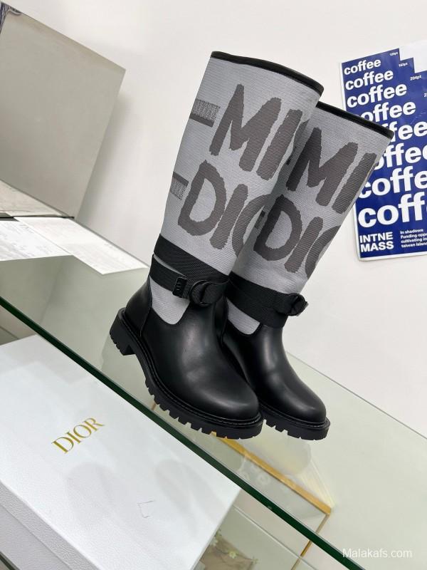 2024 Women Dior Black Grey Leather Fabric Knee High Boots