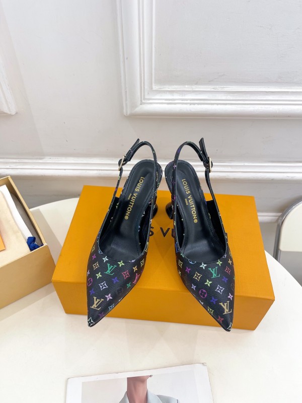 2025 Women Louis Vuitton Black Multicolor Leather Slingback Heels KFY00280