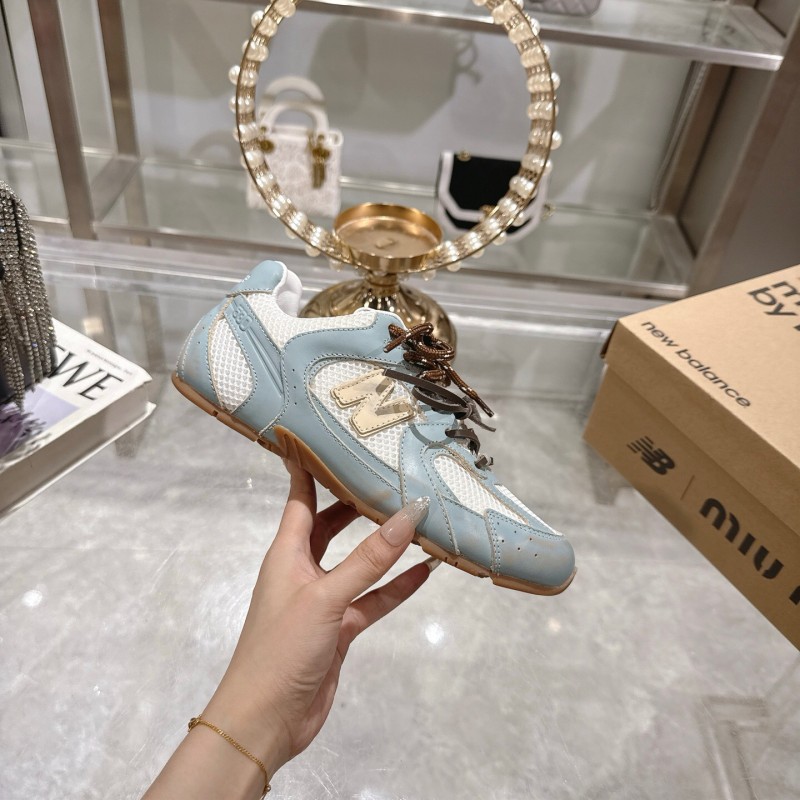 2025 Women Miumiu Light Blue White Leather Mesh Sneakers