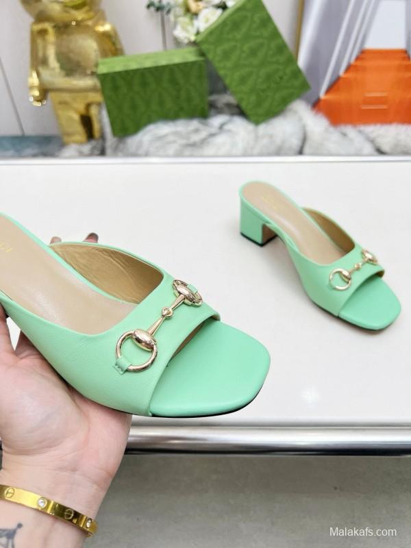 2025 Women Gucci Green Leather Heeled Slippers MJ00180
