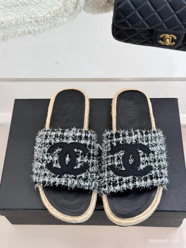 2025 Slippers Chanel Black White Tweed Espadrille Handcrafted KFY00230