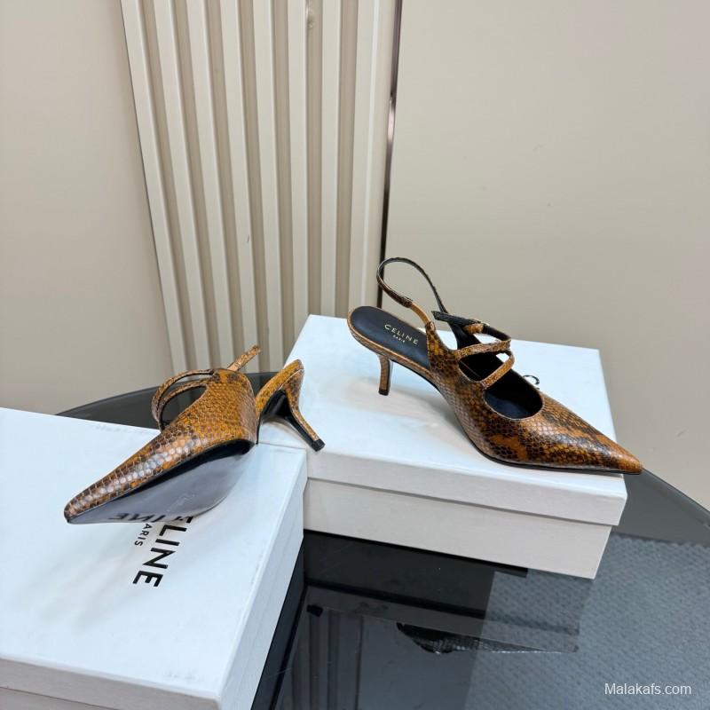 2025 Women Celine Brown Snake Leather Pointed Toe Slingback Heels