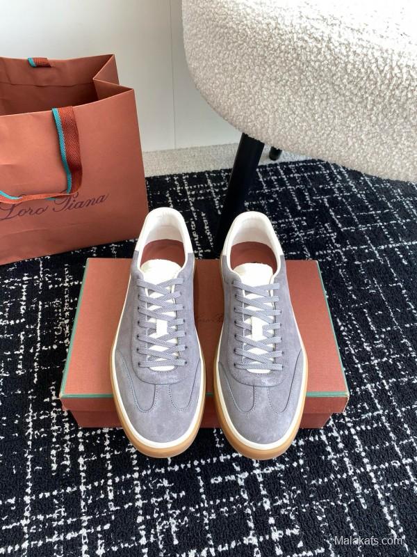 2024 Unisex Loro Piana Grey Suede Calf Leather Trainers MJ00320