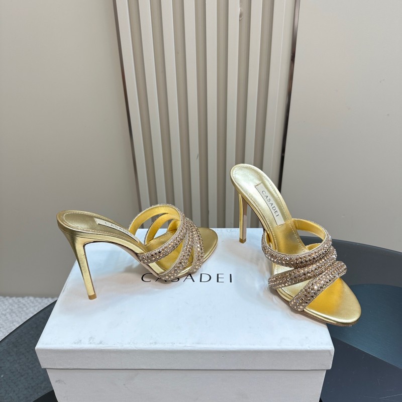 2025 Women Casadei Gold Glitter Leather High Heel Sandals