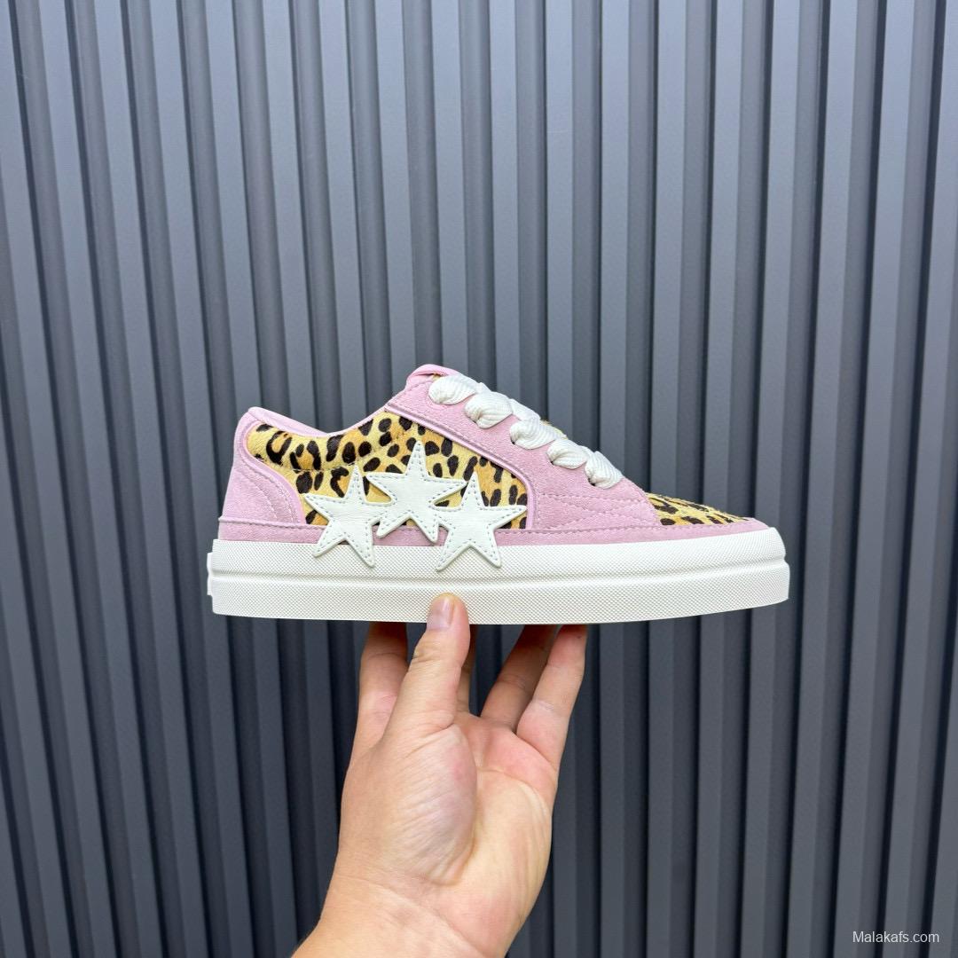 2024 Women Amiri Pink Leopard Canvas Leather Sneakers MJ00300
