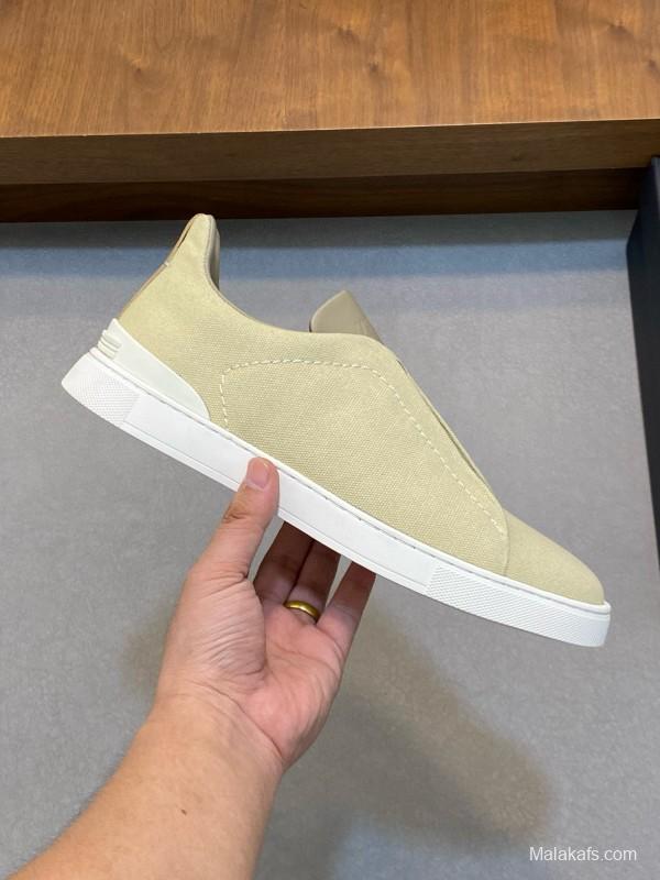 2024 Men Ermenegildo Zegna Beige PELLETESSUTA Calfskin Sneakers Elastic Detail MJ00280