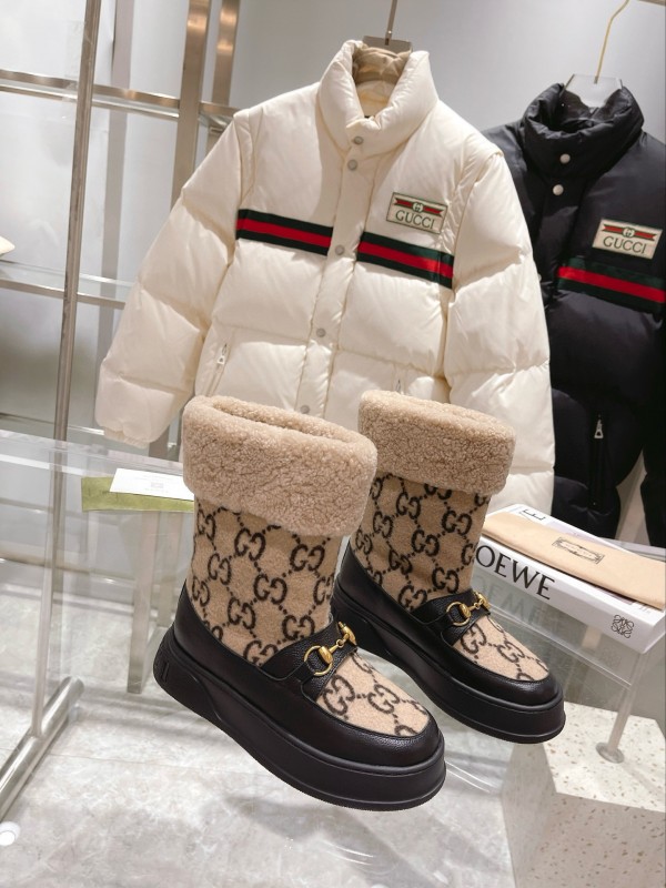 2024 Women Gucci beige black leather shearling snow boots MJ00420