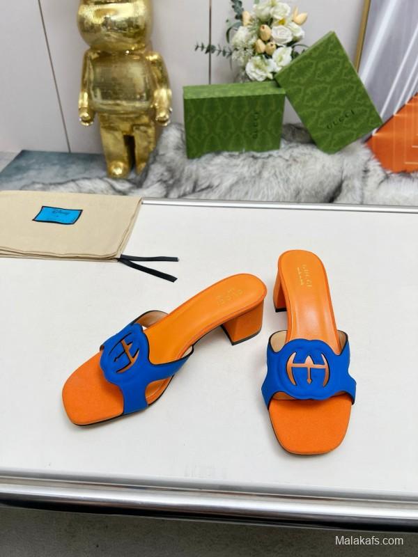 2025 Gucci Orange Blue Leather Slippers