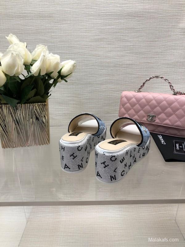 2025 Women Chanel Blue Denim Canvas Slippers LY00320