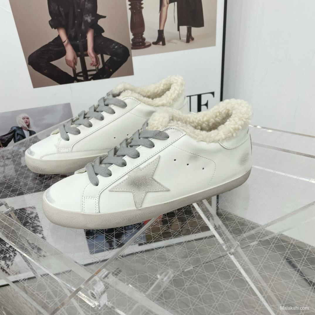 2025 Women GGDB White Grey Leather Shearling Sneakers