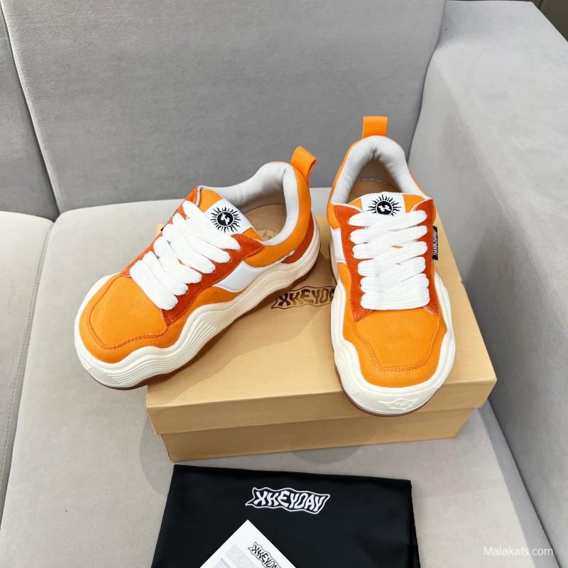 2025 Women HEYDAY Orange White Suede Canvas Wave Sneakers KFY00260