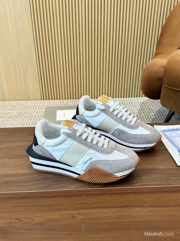 2025 Women TOM FORD White Grey Suede Leather Sneakers LY00360