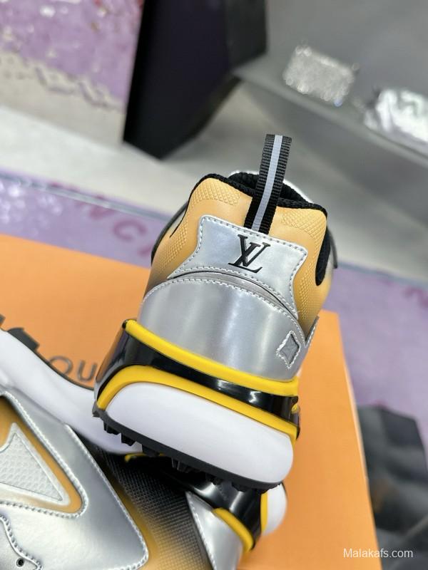 2025 Men Louis Vuitton Gradient Yellow White Leather Mesh Sneakers MJ00420