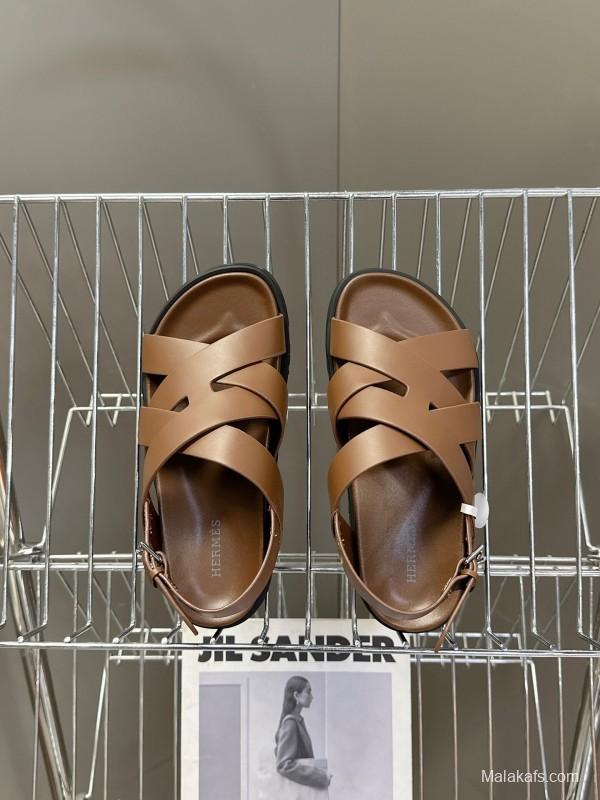 2025 Women Hermès Brown Leather Sandals