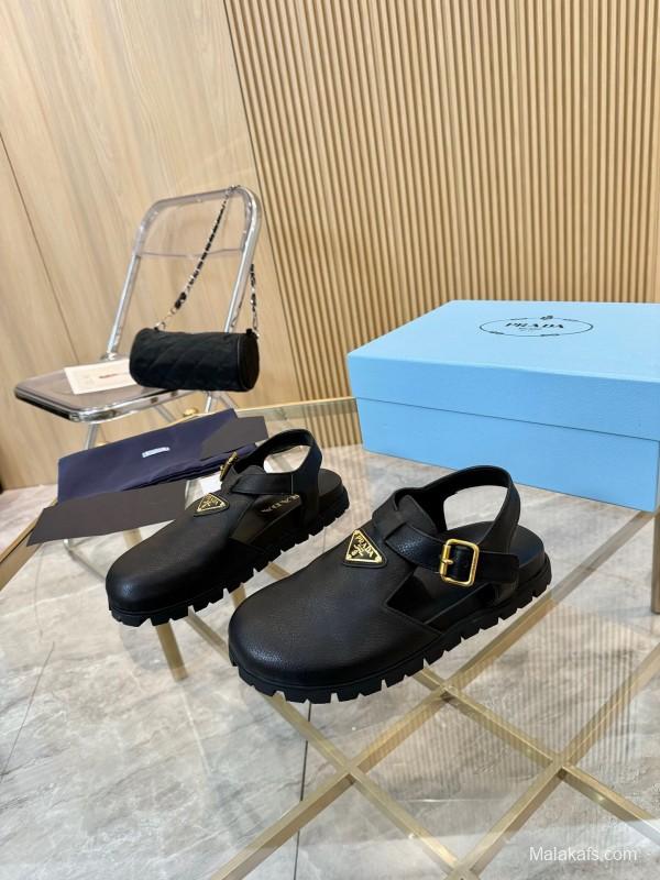 2025 Women Prada Black Leather Sandals LY00280