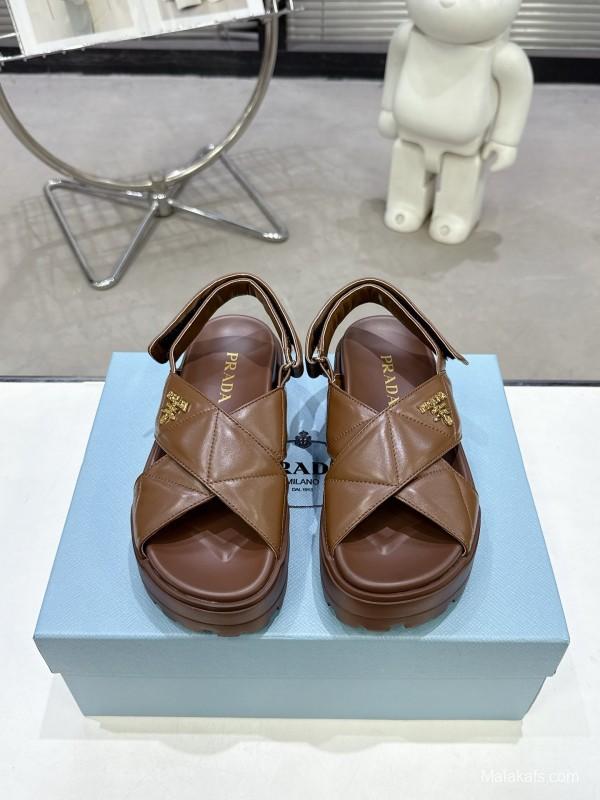 2025 Women Prada Brown Leather Sandal